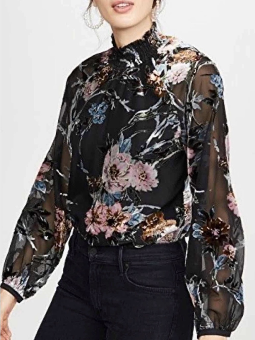 NWT Yumi Kim Floral Smocked Neck Black Sheer Blouse - Size Small